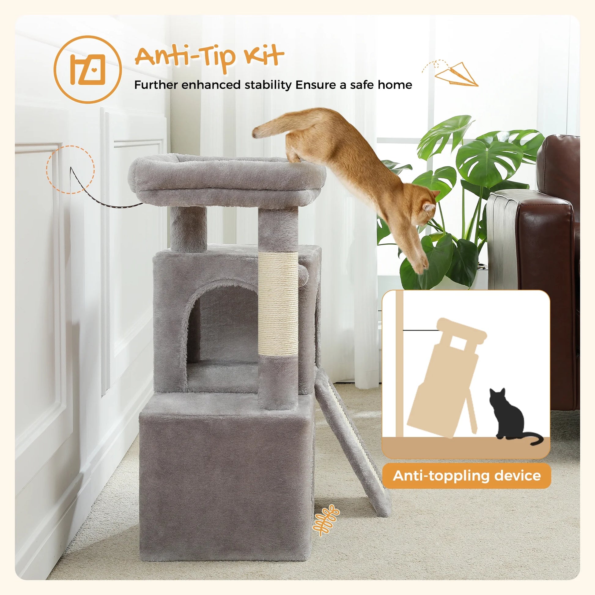 30" Cat Tree Condo with Sisal Cat Scratching Post Tower Ramp for Indoor Cats, Gray