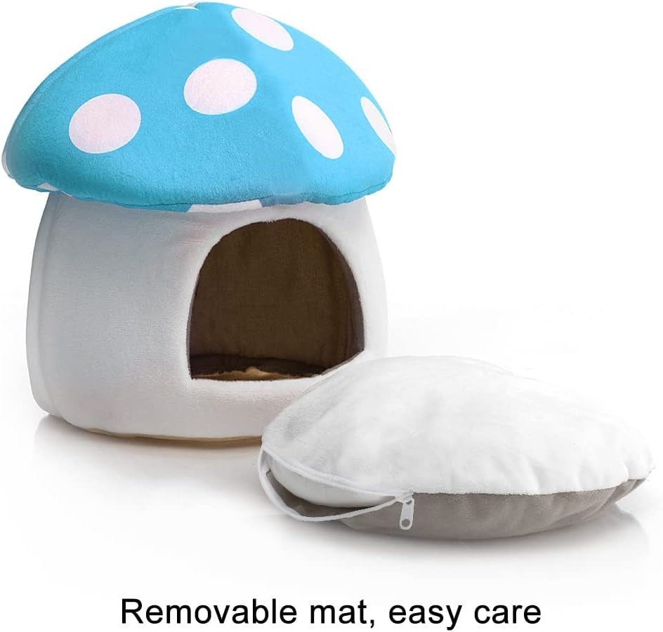 Warm Small Pet Animals Bed Dutch Pig Hamster Nest Hedgehog Rat Chinchilla Guinea Habitat Mini House, Blue Mushroom