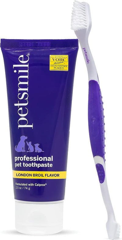 Professional Pet Dental Care Kit – VOHC-Accepted Toothbrush & Toothpaste for Dogs & Cats – Fights Plaque, Tartar & Bad Breath – London Broil Flavor (2.5 oz)